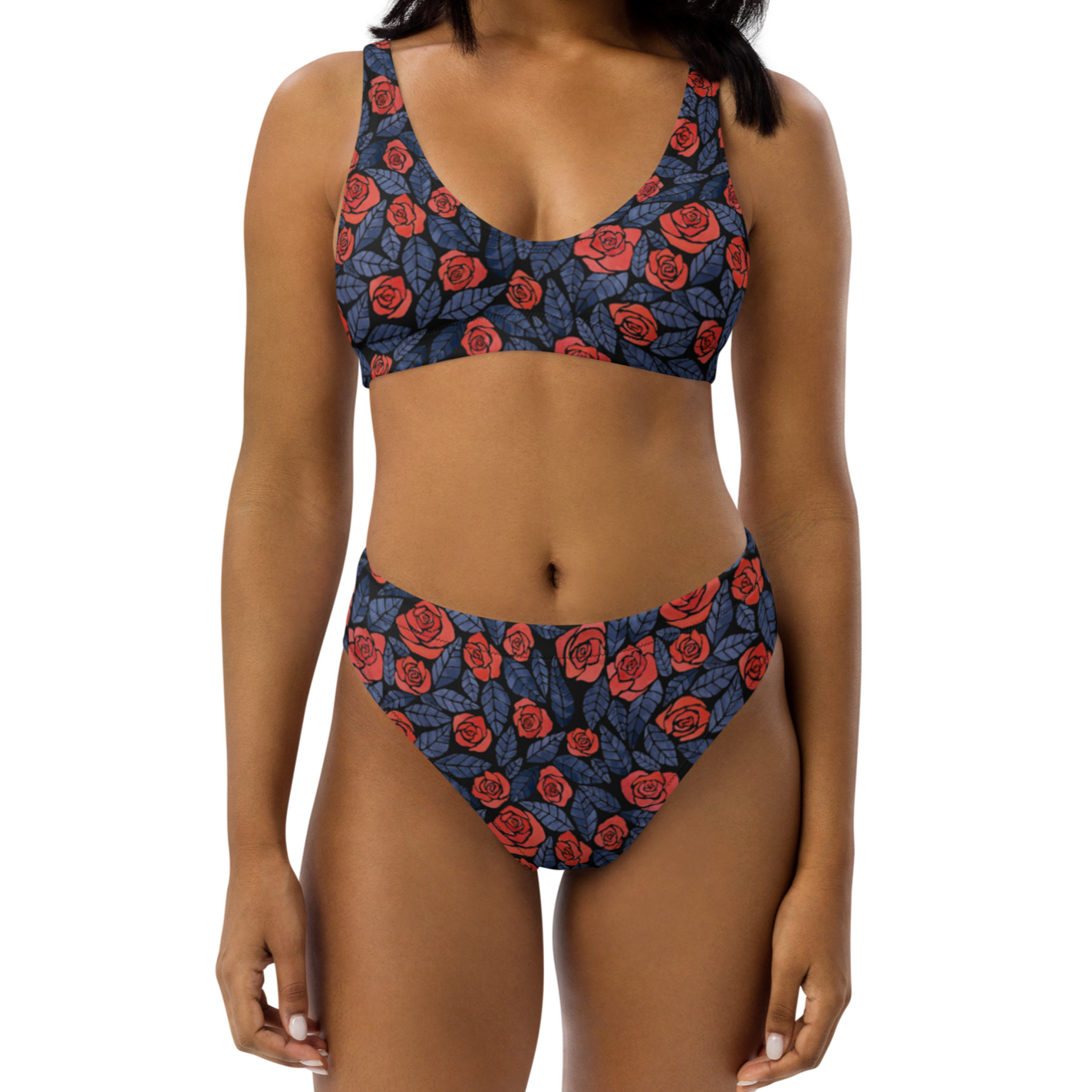 Bikini reciclado talle alto all over - Rosas Rojas