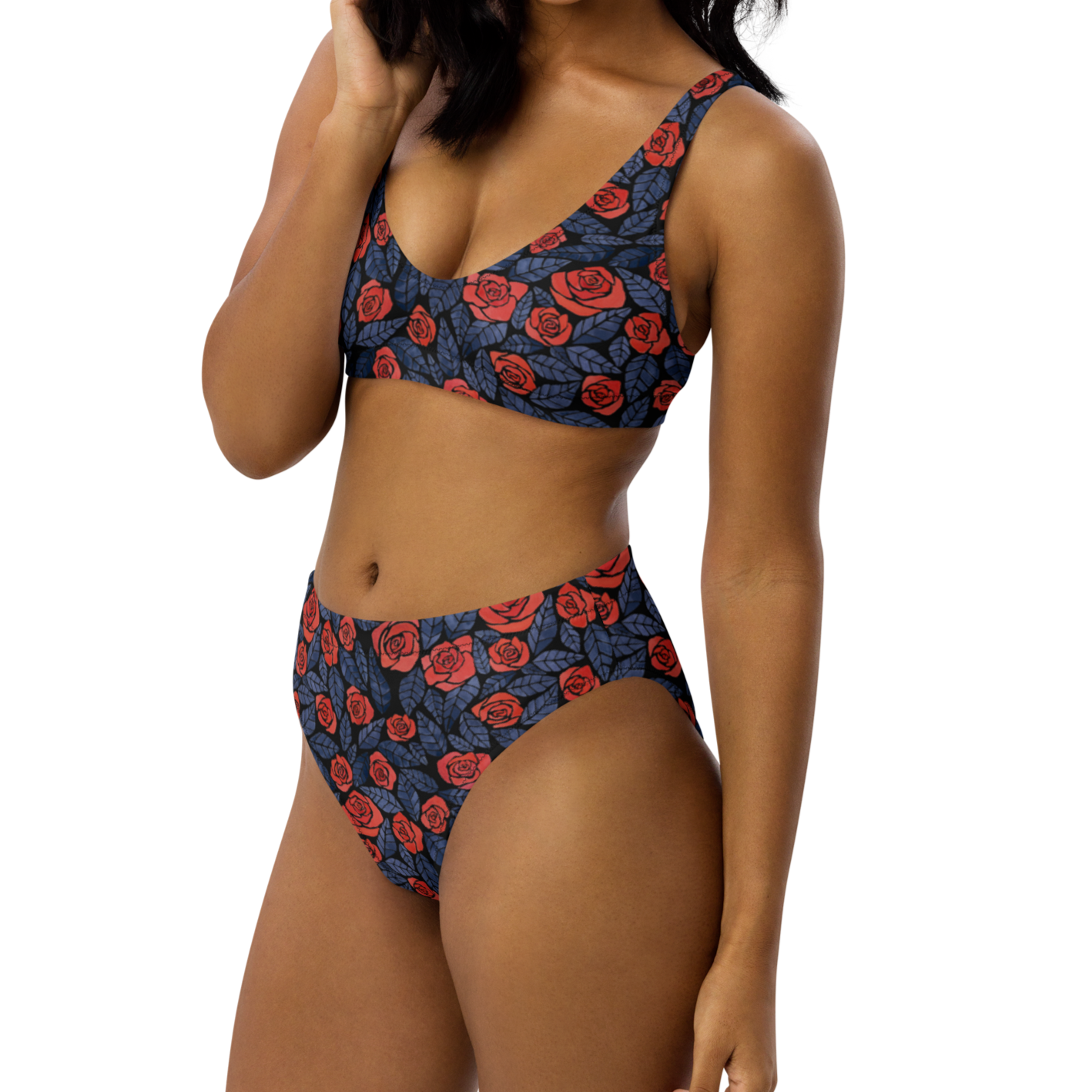 Bikini reciclado talle alto all over - Rosas Rojas